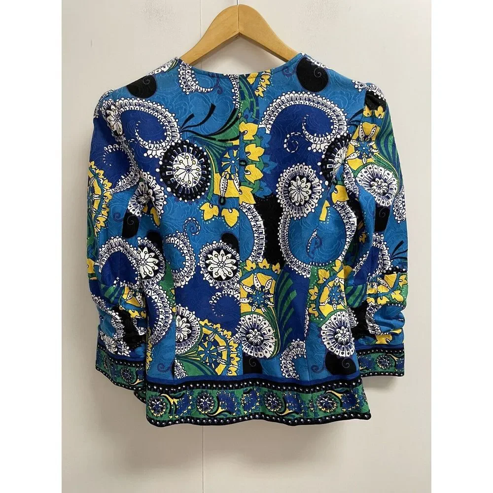 Peck & Peck Woman's 4 Blue Print Blazer Jacket Zip Front 3/4 Ruched Sleeve Lined